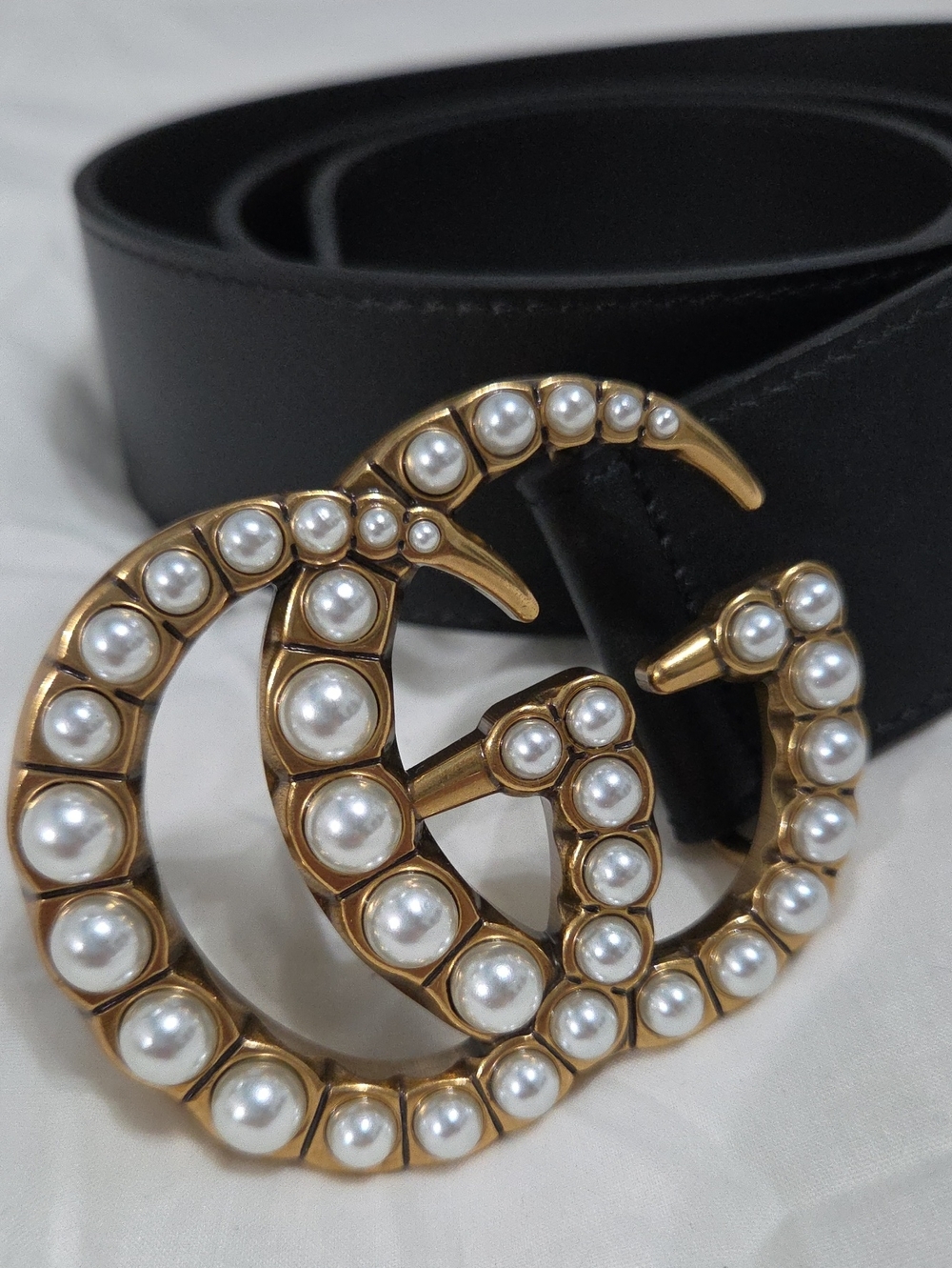 Gucci Black Marmont Pearl Belt Gold GG Buckle
